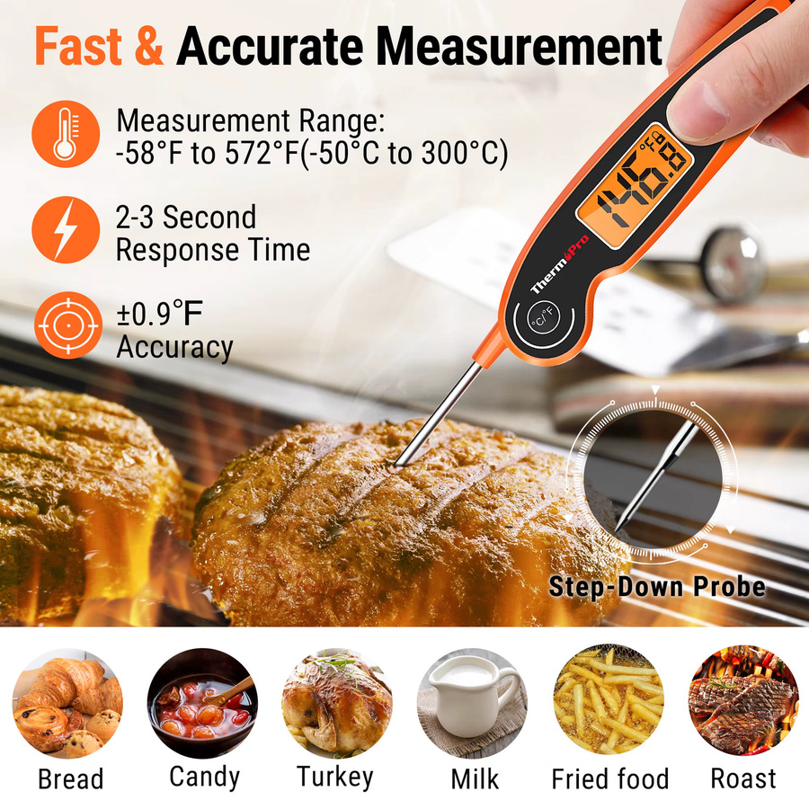 ThermoPro TP605 Digital-Fleischthermometer mit Temperaturkontrolle und Hintergrundbeleuchtung in Orange - Bild 2
