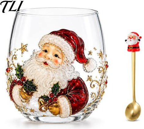 Weihnachtsglas-Set von xinchengdahai mit Löffel, funkelnde Tumbler in Beige mit Weihnachtsmann, Rentier und Schneemann für Cocktails und Kaffee - Bild 1