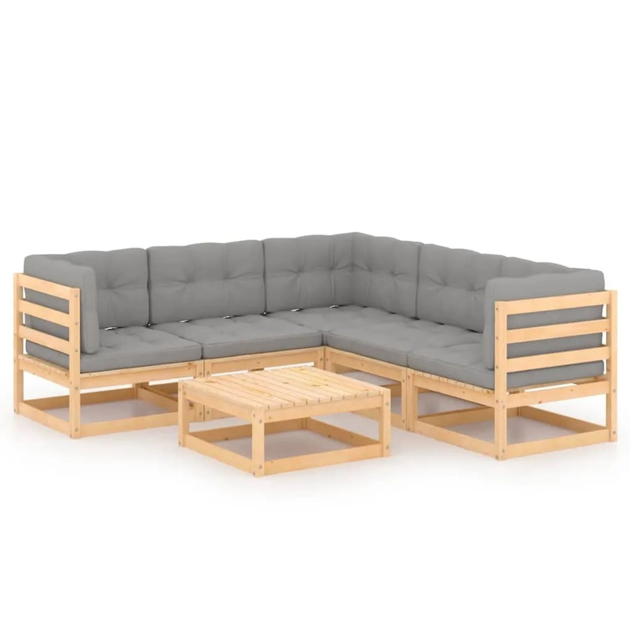 vidaXL 6-tlg Garten-Lounge-Set aus massivem Kiefernholz in L-Form mit grauen Polstern und Kissen - Bild 2