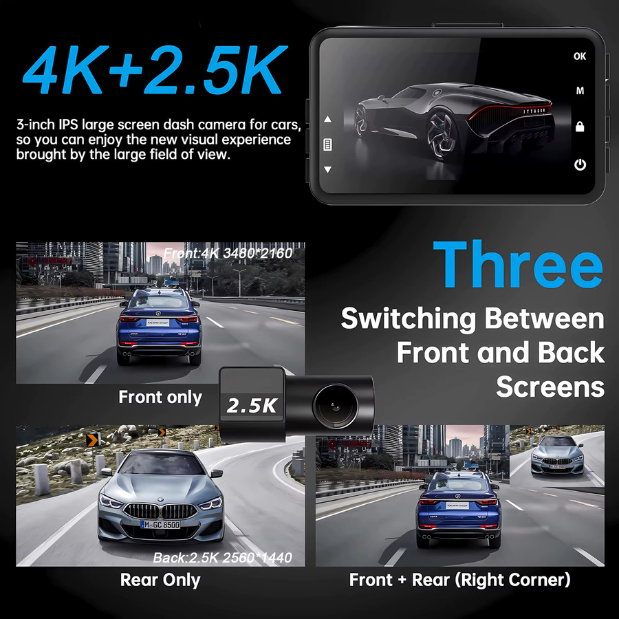 USEEBEE Dashcam mit Dual Objektiv, 4K UHD und 2,5K Auflösung, inklusive Rückfahrkamera, GPS, WIFI und 24H Parküberwachung in Schwarz - Bild 4