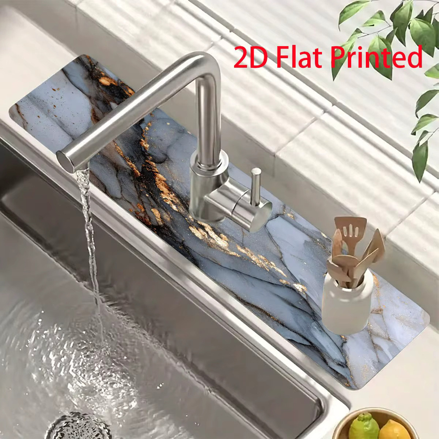 VIKAMA Wasserfiltermatte für Küche und Badezimmer, rutschfest und leicht zu reinigen, Blaugrau mit goldenem Marmor-Design - Bild 2