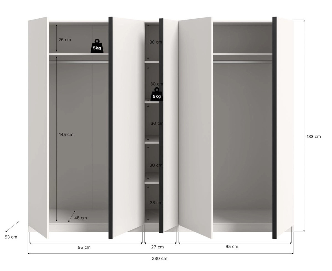 Kleiderschrank Girona 5-türig in Weiß, modern mit Kleiderstange und Regalböden, Höhe: 230 cm, Breite: 183 cm - Bild 4
