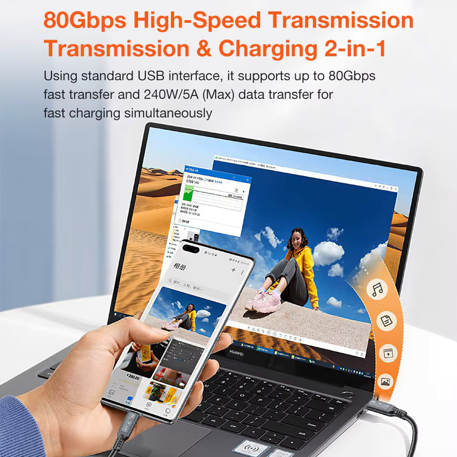 Nephy Thunderbolt 5 und USB4 USB-C auf USB-C Kabel, 240 W, 80 Gbit/s, 16K@60Hz, Schwarz - Bild 3