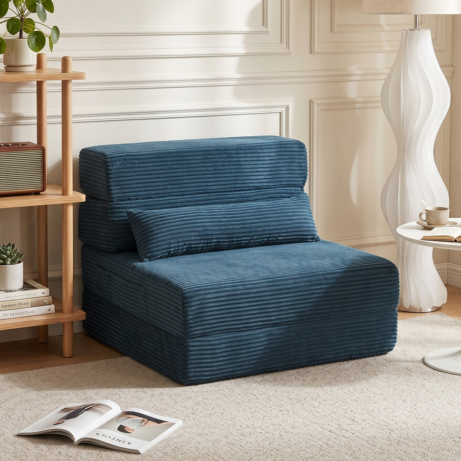 HOMCOM 3-in-1 Klapp-Schlafsofa als 1-Sitzer Sessel aus Kordvelours in Blau mit Matratze, Seitentaschen und Kopfkissen - Bild 2