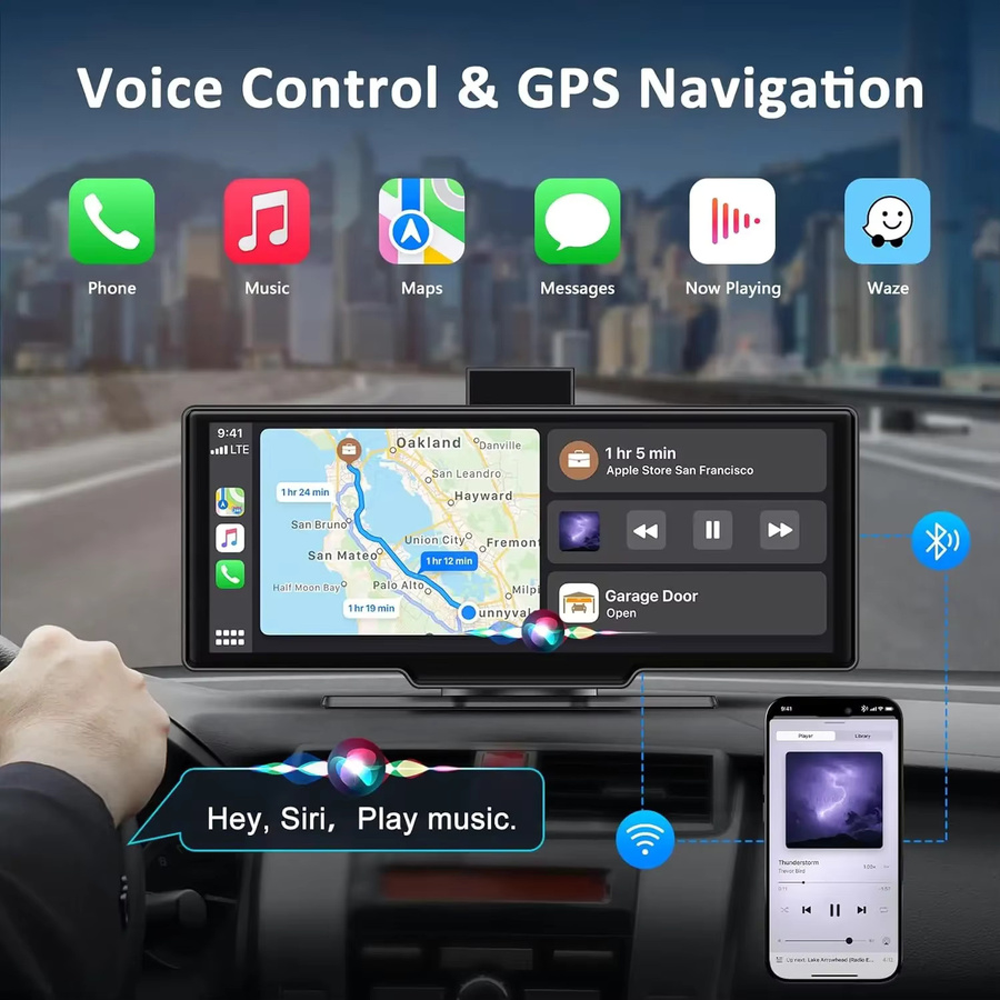 Srnubi 4K Dash Cam mit 10,26 Zoll In-Cell Bildschirm, Wireless CarPlay und Android Auto, Auto DVR mit GPS, Wi-Fi und Nachtsicht, Schwarz - Bild 3