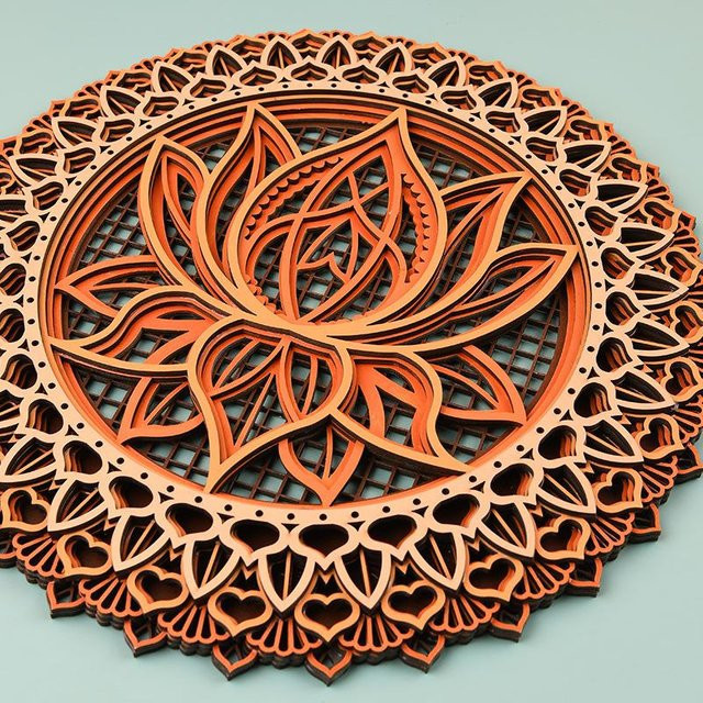 Handgeschnitztes Holz Mandala Lotus Hängeornament zur Wanddekoration, Braun, B/T/H: 30 x 30 x 1 cm - Bild 1