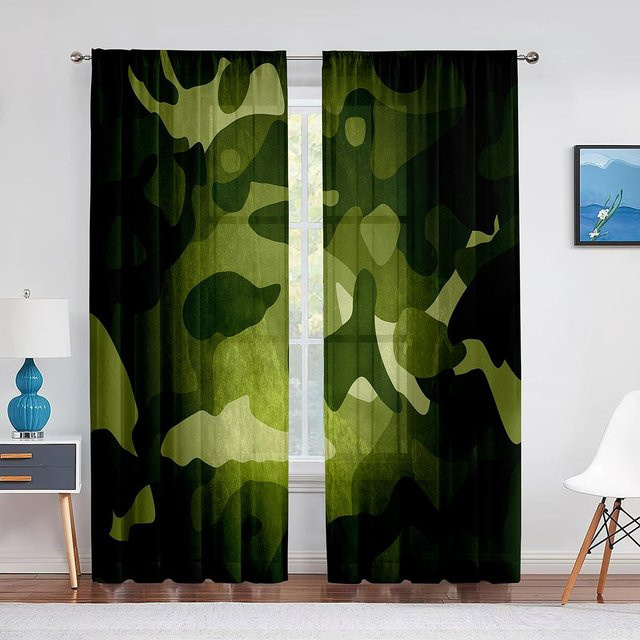 Super Six Camouflage Woodland Vorhang aus transparentem Tüll in Militärgrün und Braun, Breite: 100 cm, Höhe: 250 cm - Bild 1