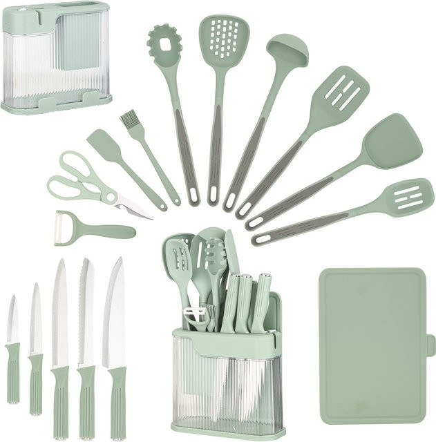 HEESEM Küchenmesser- und Silikon-Utensilien-Set mit Aufbewahrungshalter und Arbeitsplatten-Organizer, Grün - Bild 1