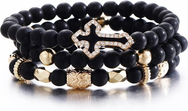 DAIPAN Armband Set, Schwarz, Perlen, Kristall, Kreuz Charme, Unisex - Bild 1