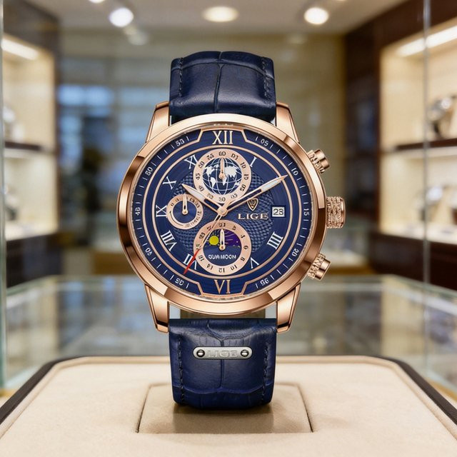 LIGE Armbanduhr Chronograph, Quarz, Leder, Roségold, Blau, Herren - Bild 1