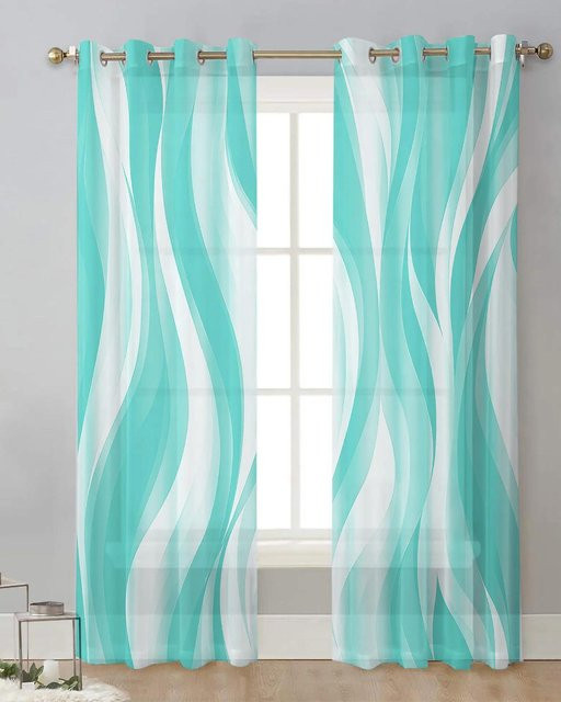 Yiran Furniture Moderne Tüllvorhänge mit Wellenlinien in Dunkelblau und Türkis, Transparent, 2er-Set, Breite: 65 cm, Höhe: 60 cm - Bild 1