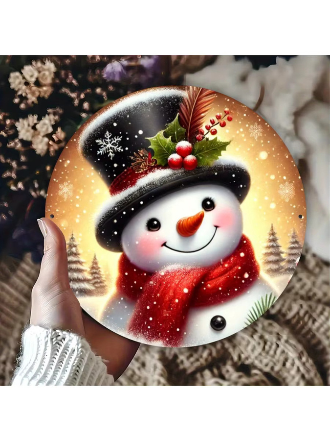 Potdemiel Rustikales Weihnachts-Schneemann-Kranzschild aus Eisen in Rot und Mehrfarbig mit Zylinder und burgunderfarbenem Schal, Durchmesser: 20 cm - Bild 6