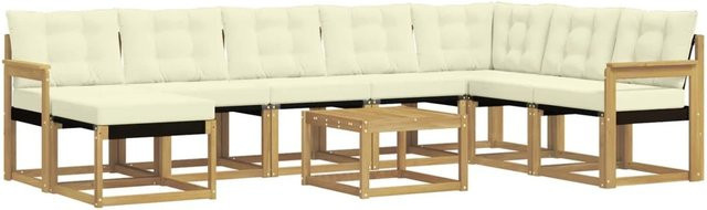 vidaXL Outdoor-Sofagarnitur 9-tlg. aus Akazienholz in L-Form mit Kissen und Couchtisch, Weiß und Beige - Bild 1