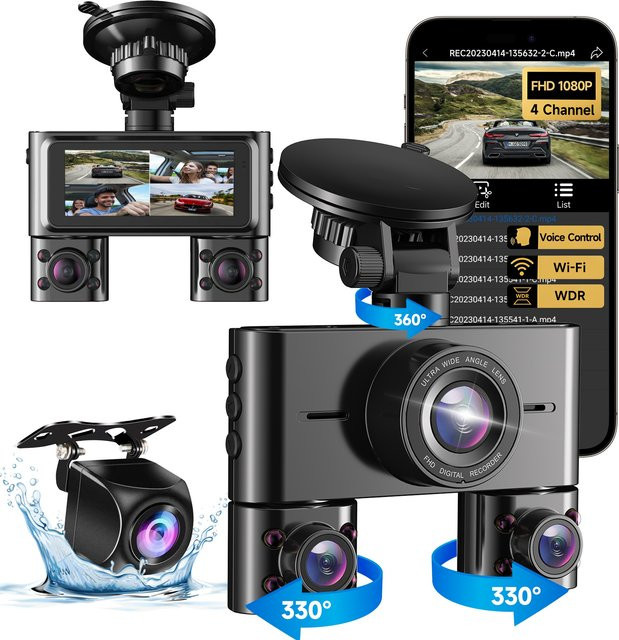 HUPEJOS V7-4CH Dashcam mit 360° Sicht, Front und Heck, FHD 1080p, WLAN, WDR, Nachtsicht, Sprachsteuerung und 24-Stunden-Parkmodus, Schwarz - Bild 1