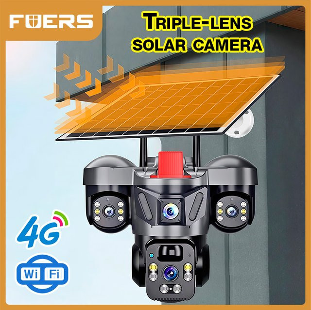 FUERS 4G WIFI Solarkamera V380 Pro mit 6MP Dreifachobjektiv, 10X Zoom und Drei-Bildschirm-Bewegungserkennung für die Outdoor-Sicherheit in Schwarz - Bild 1