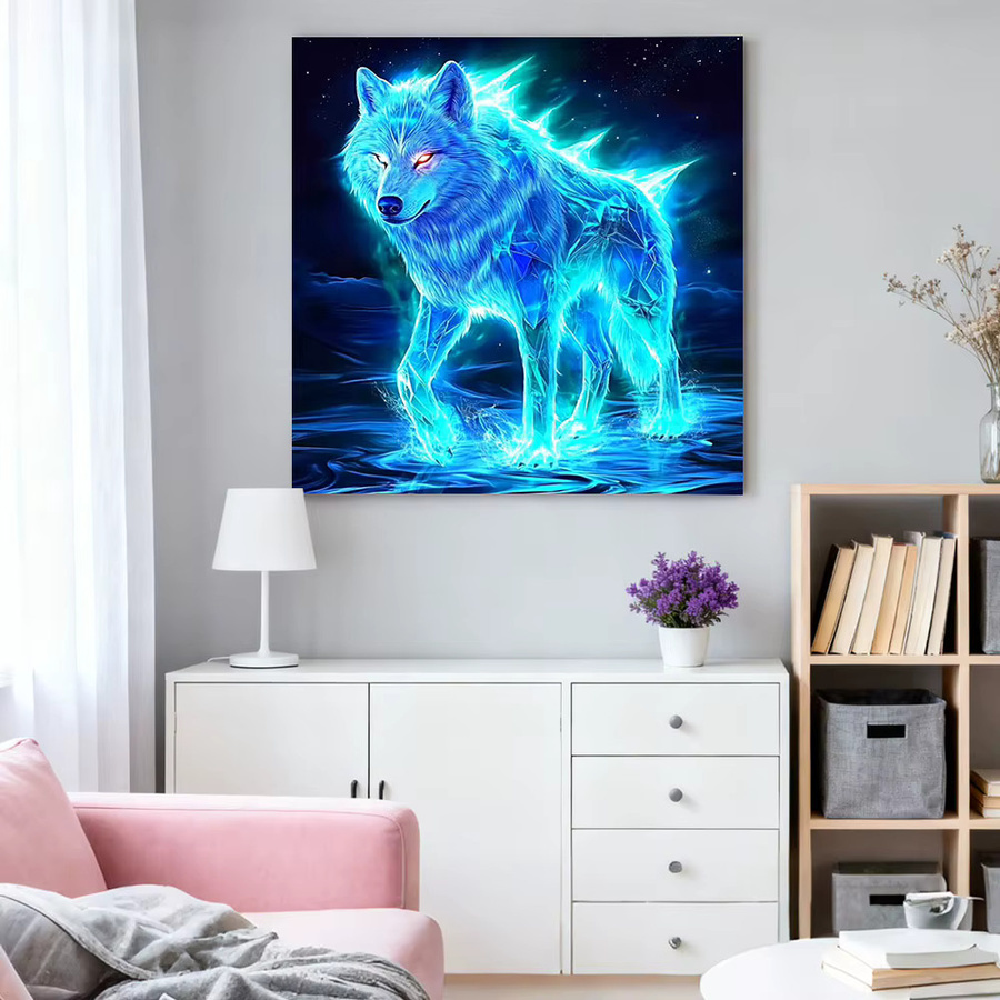 HUACAN 5D Diamant-Mosaik-Malerei Runde Tier-Wanddekoration mit Katze, Tiger und Wolf in Blau - Bild 2