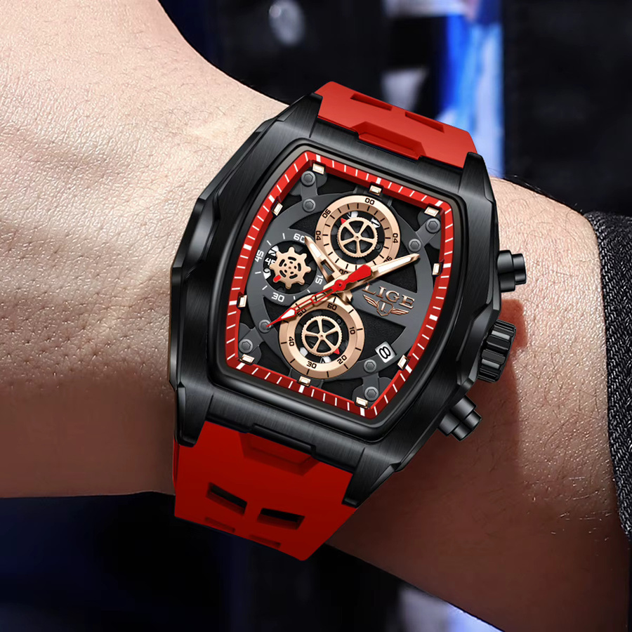 LIGE Armbanduhr, Quarz, Rechteckiges Zifferblatt, Leder, Schwarz, Herren - Bild 3