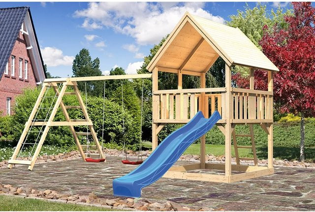 Karibu Spielturm Luis mit Satteldach, Doppelklettergerüst und Rutsche in Natur und Blau - Bild 1