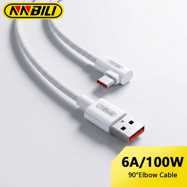 NNBILI USB-A auf USB-C Schnellladekabel 100W mit 90-Grad-Winkel, 6A USB-C zu USB-C Datenkabel in Weiß - Bild 1