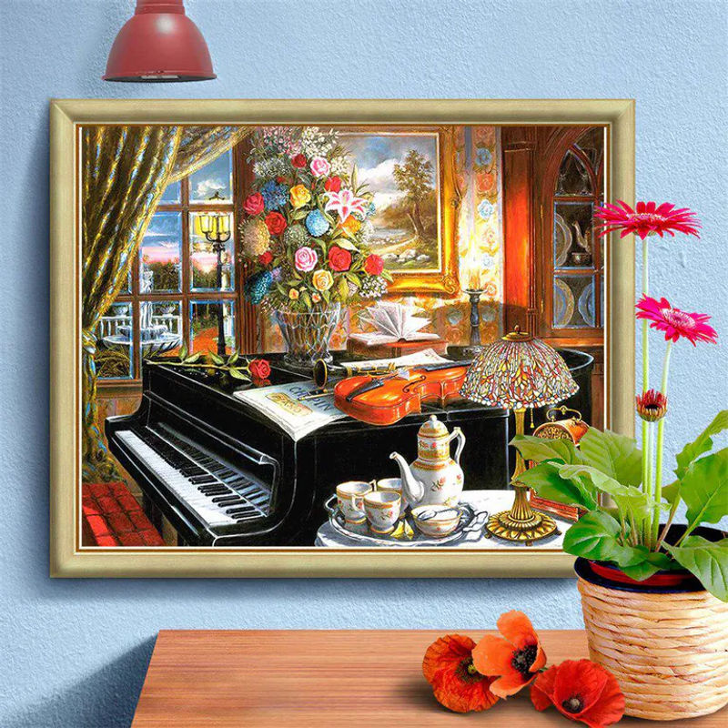 FIYO Diamant-Malerei Klavier und Blumen Mosaik-Stickerei zur Wanddekoration, mehrfarbig, B: 30 cm x H: 20 cm - Bild 2