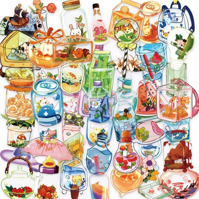50 Stück Ästhetische Glasflaschen-Aufkleber mit Niedlichen Cartoon Motiven in Transparent und Multicolour für Laptop, Handy und Scrapbooking DIY Dekoration - Bild 1