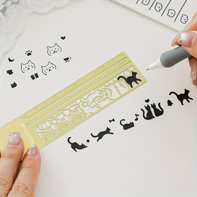 Gelbes Katzenförmiges Schablonenlineal und Lesezeichen aus Kunststoff mit cm/Zoll-Skala für Journaling und Scrapbooking - Bild 1