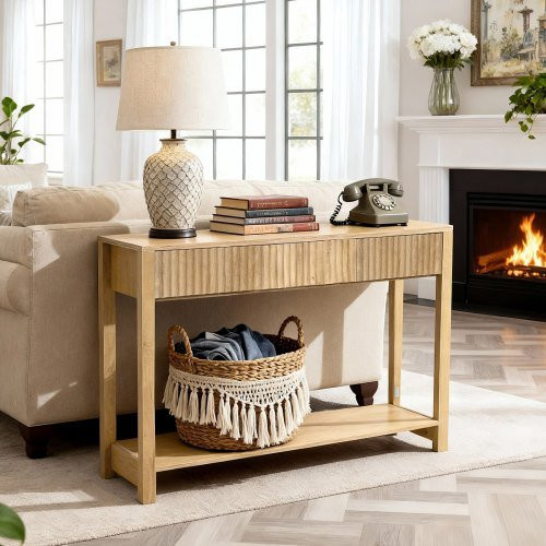 VEVOR Konsolentisch im Landhausstil mit Schubladen und Ablagefach, rechteckiger Beistelltisch aus MDF und Spanplatte, braun, B/T/H: 120 x 30 x 80 cm - Bild 1