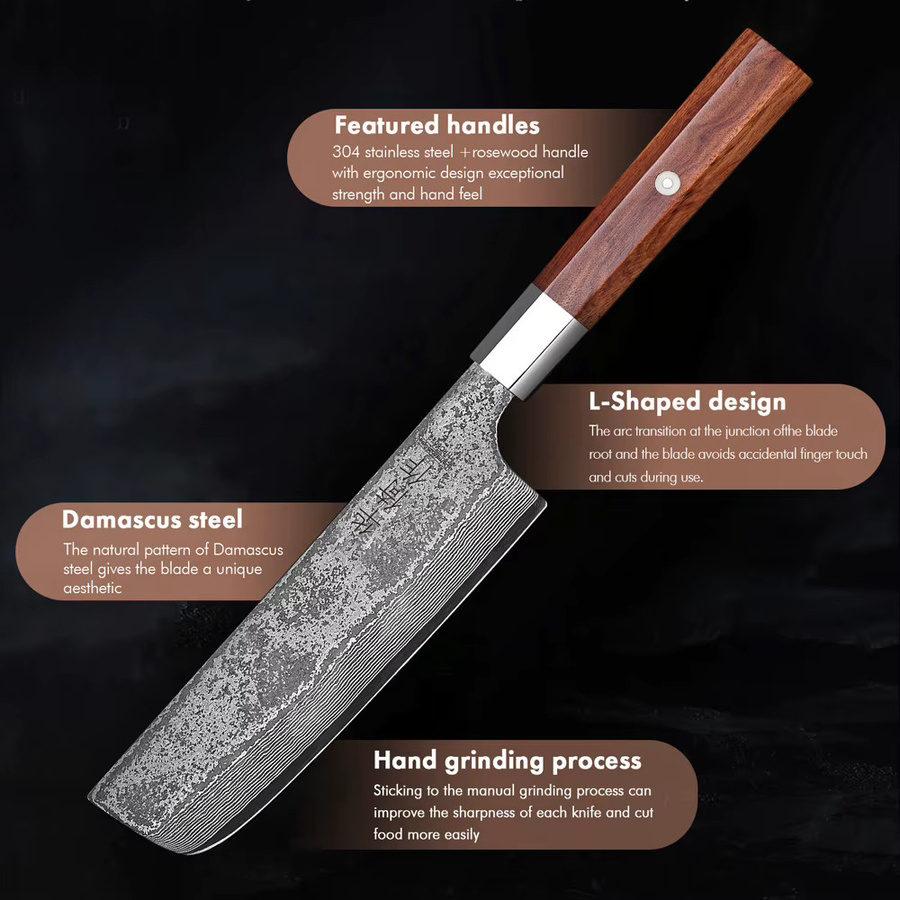 HUAYIGRAND Nakiri Kochmesser aus 67-lagigem Damaszener Stahl, 6,5 Zoll, handgeschmiedet, Silber mit Holzgriff - Bild 5