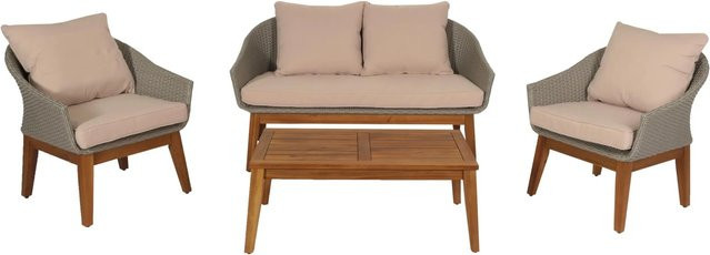 Gartengarnitur MCW-N37 Lounge-Set aus Poly-Rattan und Akazienholz in Grau mit beigen Kissen - Bild 2