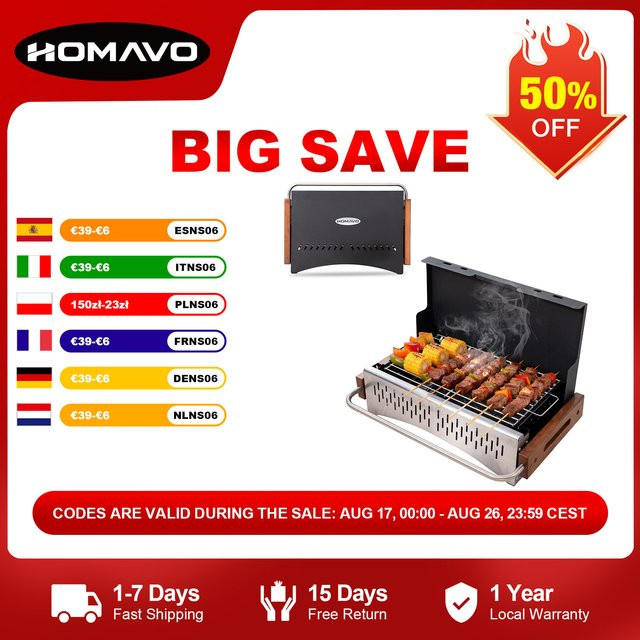 HOMAVO Tragbarer Holzkohlegrill in Schwarz, Kompakter Tischgrill für Camping und Picknick, geeignet für 1-4 Personen, B/T/H: 50,72 x 33,66 x 33,2 cm - Bild 1