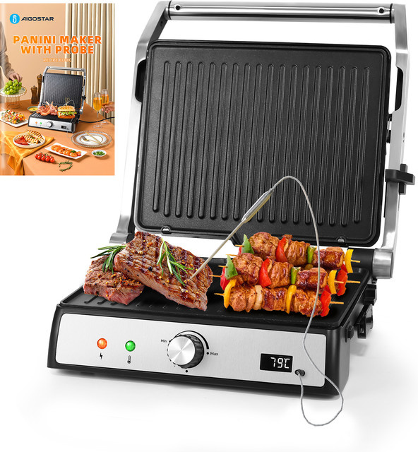 Aigostar Panini Grill und Sandwichtoaster in Silber mit 2000W, Lebensmittel-Sonde, herausnehmbaren Antihaft-Platten und 180 Grad flach aufklappbarer Kontaktgrill aus Edelstahl - Bild 1