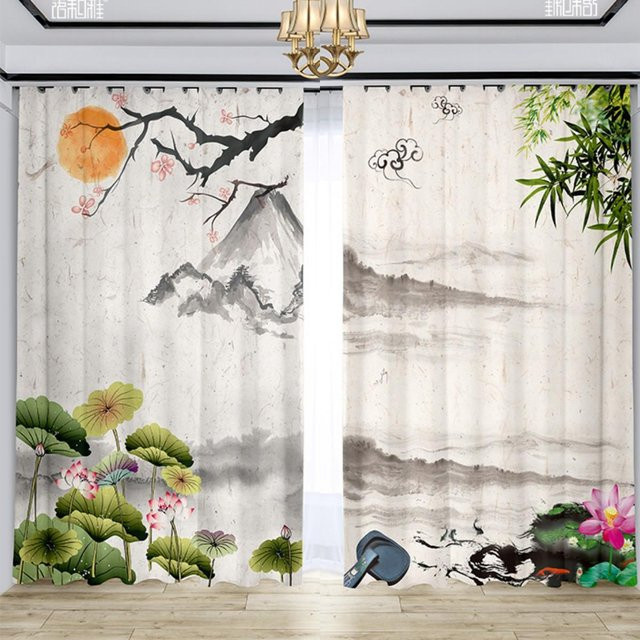 Yiran Furniture Vorhang mit chinesischer Tuschemalerei, 2er-Set, halbverdunkelnd, Weiß, B: 100 cm, H: 130 cm - Bild 1