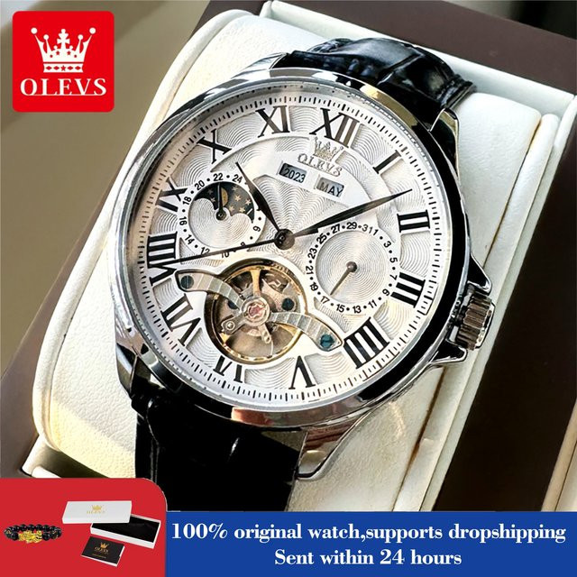 OLEVS Armbanduhr, Automatik, Mondphase, Leder, Herren, Silber - Bild 1