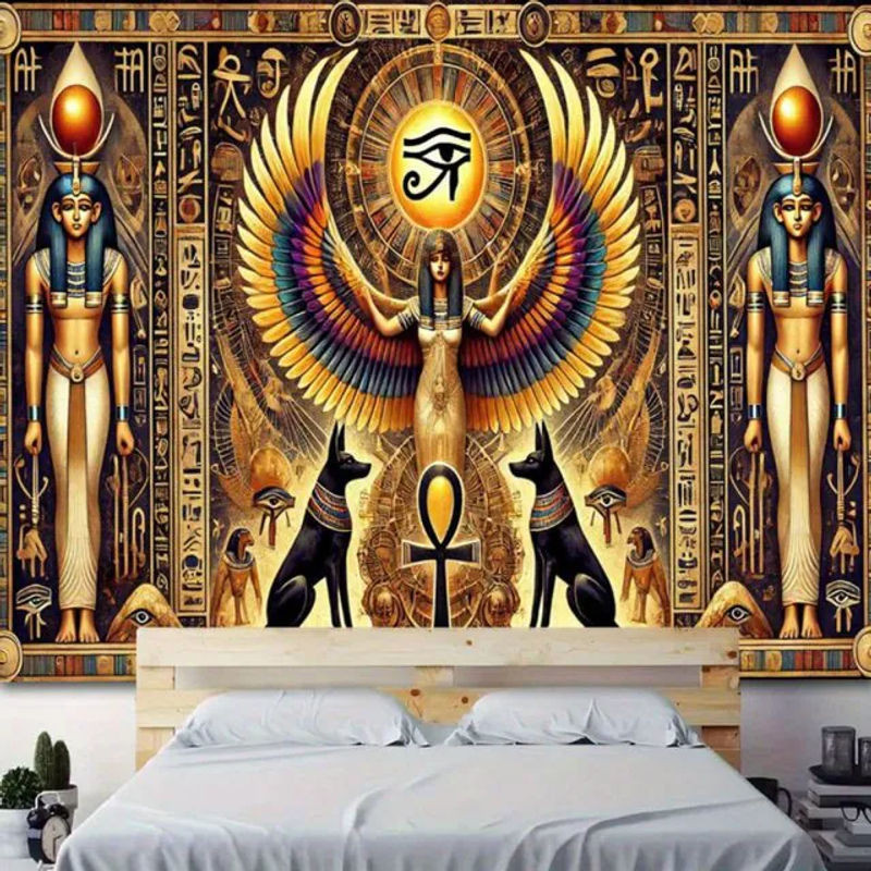 VIKAMA Ägyptischer Pantheon Wandteppich mit Auge des Horus in Schwarz-Gold als orientalische Wanddekoration - Bild 1