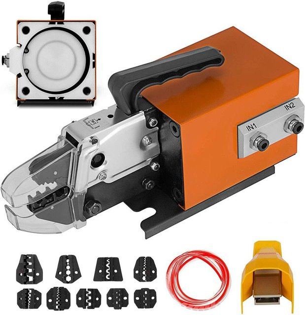 Pneumatisches Crimpwerkzeug AM-10 von Buying Solutions, MB, Luftbetriebene Drahtklemmen-Crimpmaschine für Crimpungen bis 16mm², Orange, aus Stahl mit 10 Einsätzen - Bild 1