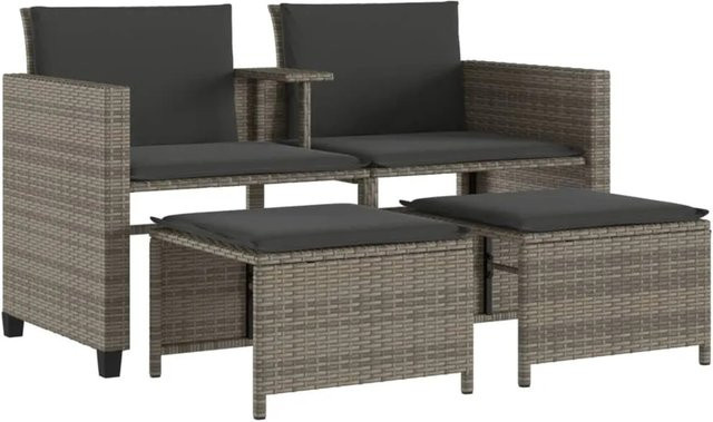 vidaXL Gartensofa-Set aus grauem PE-Rattan mit Tisch, 2 Hockern und Polstern, Gestell aus pulverbeschichtetem Stahl - Bild 1