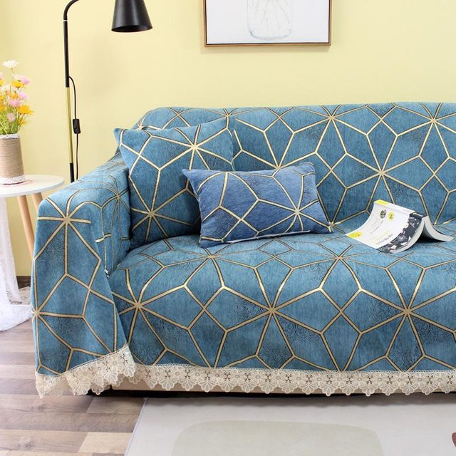 Luxuriöser Sofabezug aus Chenille mit geometrischem Muster in Blau, wasserfarben, B/B/H: 90 x 90 cm - Bild 1