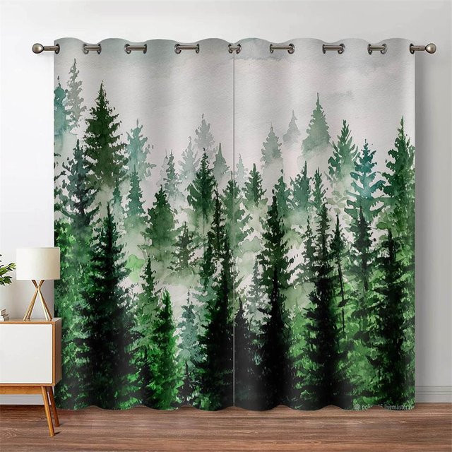 A Family Of Home Textiles Fenstervorhang mit grünem Wald und Aquarell-Baum-Silhouette, semi-transparent, Farbe: Grün, B: 220 cm, H: 214 cm - Bild 1