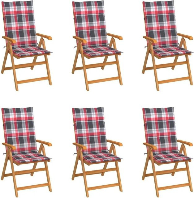 6er Set vidaXL Gartenstühle aus Teak-Massivholz mit roten Karomuster-Kissen und Armlehnen - Bild 1