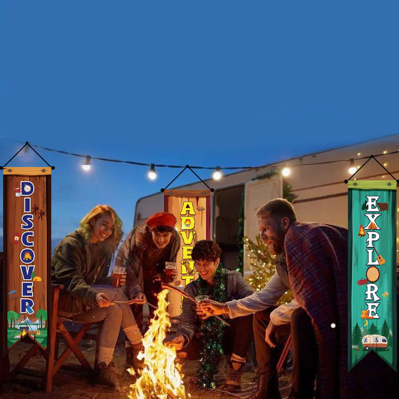 3er-Set Camping Party Banner mit Motivationswörtern und Willkommen-Schriftzug, mehrfarbig, rustikaler Textil-Wimpel für deine Wohnmobil-Dekoration - Bild 4