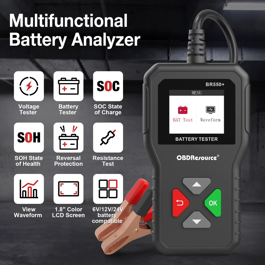 Obdre source Autobatterie Tester Digitaler Batterieanalysator mit Farbbildschirm für 6V, 12V, 24V und bis zu 2000 CCA in Schwarz - Bild 2