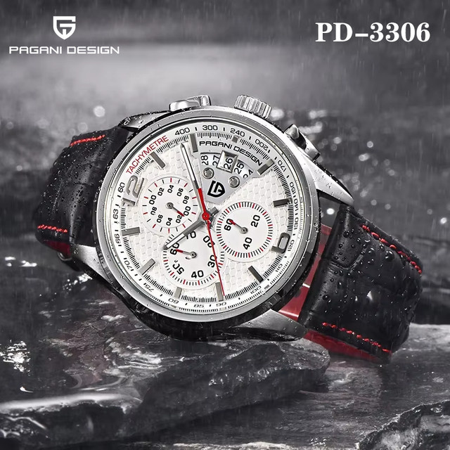 PAGANI DESIGN Chronograph, Quarz, Edelstahl, Leder, Weiß, Herren - Bild 1