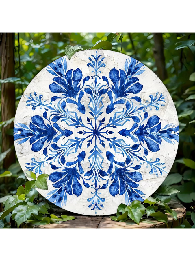 Potdemiel Vintage-Schneeflocken Aluminiumschild mit blauem und weißem Blumendesign, runde Wanddekoration für Outdoor und Zuhause, Durchmesser: 20,3 cm - Bild 6