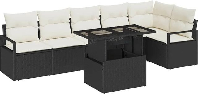 vidaXL Garten-Sofa-Set aus Poly Rattan in Schwarz mit Kissen, 7-teiliges L-Shape Lounge-Set mit Ecksofa, Mittelsofas, Sesseln und Tisch - Bild 1