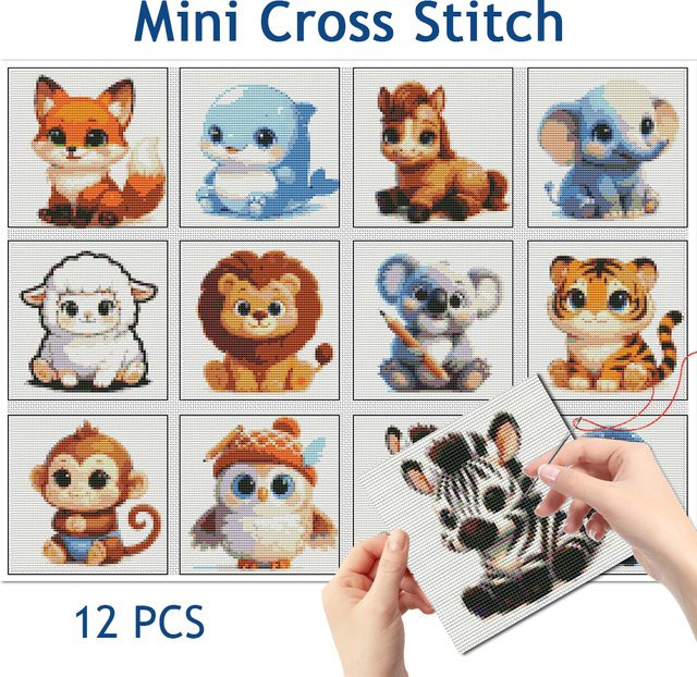 Evershine Mini-Kreuzstich-Set mit Tiermotiven, 12-teiliges Stickerei-Kit in Multicolour - Bild 1