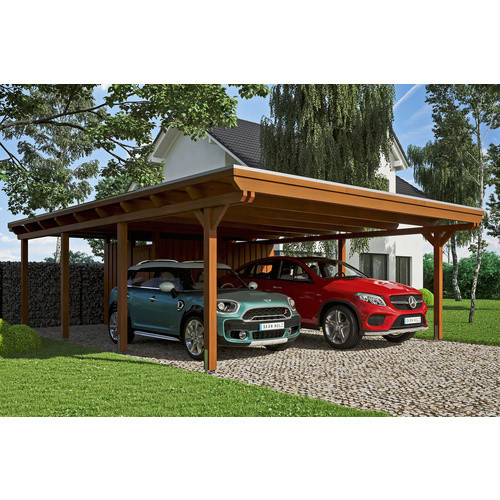 SKANHOLZ Doppelcarport Emsland aus Leimholz in Nussbaum Braun mit Flachdach und Aluminium-Dachplatten, B/T: 613 x 846 cm, Höhe: 248 cm - Bild 3