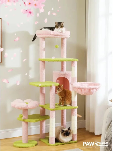 DUTRIEUX Massivholz-Klettergerüst für Katzen in Pink mit Höhle und Hängematte - Bild 1