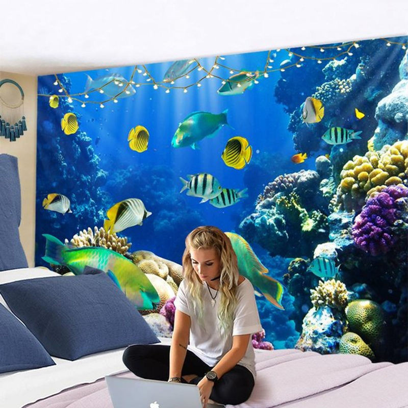 Super Six Wandteppich mit 3D Digitaldruck Psychedelische Unterwasserwelt in Blau, B/H: 95 x 70 cm - Bild 1