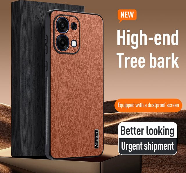Handyhülle aus Leder mit Holzmaserung für OPPO Find X8 X9 Ultra A5 A5X A6 A6X RENO 12F 12 13F 13 14 15F 15 Pro mit Linsenschutz in Braun - Bild 1