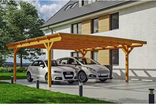 Skan Holz Carport Odenwald aus Fichte Leimholz in Beige mit Doppelstegplatten aus Polycarbonat B/T: 640 x 648 cm, Höhe: 244 cm - Bild 2